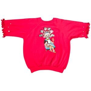 Vintage Native American Sweatshirt Red Short Sleeve Fringe Studed 3D USA Adult L